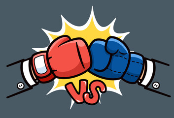 Hand businessman boxing glove red vs blue, business fighting concept. Vector illustration cartoon logo flat design for banner, poster, and background.