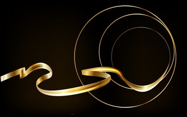 A gold ribbon passing into a frame of circles on a dark background.