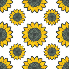 Seamless background with bright sunflowers. Flat design. Yellow flowers isolated on white background. 