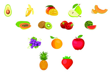 set of fruits vector cartoon icon: avocado, banana, mango, pear, melon, papaya, kiwi, tomato, watermelon, grapes, orange, apple, pineapple, strawberry. food illustration isolated white background