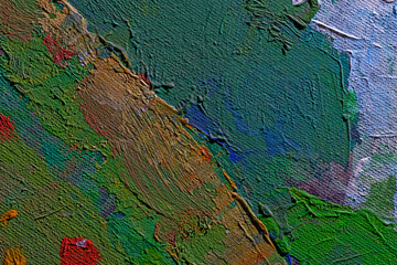Abstract background closeup of a painting with brushstrokes. Rough art paint smear. Large multicolor spots of brush strokes and palette knife on the canvas