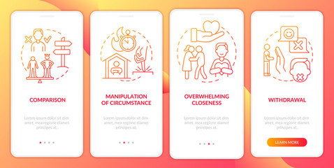 Emotional manipulation red flags gradient onboarding mobile app screen. Walkthrough 4 steps graphic instructions pages with linear concepts. UI, UX, GUI template. Myriad Pro-Bold, Regular fonts used