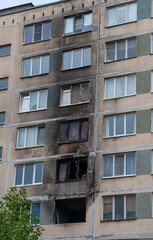 A fragment of the wall of an apartment building after a fire. Saint Petersburg