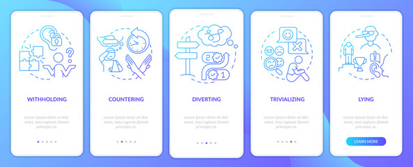 Emotional manipulation cases blue gradient onboarding mobile app screen. Walkthrough 5 steps graphic instructions pages with linear concepts. UI, UX, GUI template. Myriad Pro-Bold, Regular fonts used