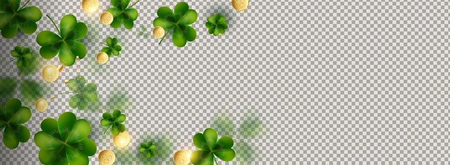 Horizontal banner design template for St. Patrick's Day. 3d effect of clover and coins. A simple banner to promote a website, store, magazine. Banner with space for text and transparent background