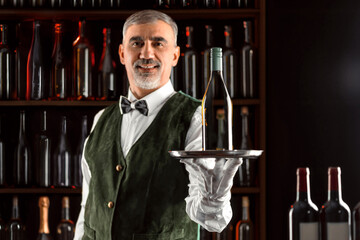 Sommelier wine steward with a bottle of wine. Examination of wine products. Restaurant waiter among shelves of wine bottles. Focus on the bottle, mockup for design