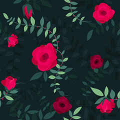 Roses climbing vine plant with leaves with shadows and blooming red flowers. Floral background design. Seamless vector pattern illustration in navy, green and red.