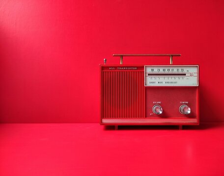 Vintage 50s transistor radio, red wall background, listen music concept
