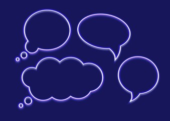 Set of light tube chat bubbles. Glowing in the dark signs.