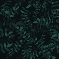 Seamless dark mystery green leaves vine plant in layers pattern. Floral leaf on brunch. For wallpaper, wrapping, textile printing and backgrounds