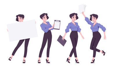 Fototapeta premium Office worker set, young businesswoman, female employee with paper. Brunette smart girl in formal wear. Vector flat style cartoon character isolated on white background, different poses