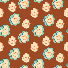 Vintage smiley faces and flowers, trippy seamless pattern.
Retro hippie psychedelic emoji. Happy facial expression with chamomile