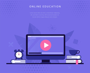 Online education concept web banner template. Modern laptop with  video player on screen. Online webinar, video tutorial. Flat style vector illustration. Digital classroom, online reading or courses. 