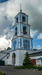 Fototapeta premium Bell tower above the entrance gate, XIX century. Nikitsky monastery, city of Pereslavl Zalessky, Russia. Date of foundation - about 1186