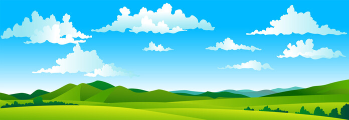 Obraz na płótnie Canvas Cartoon colorful panorama of spring summer beautiful nature, green grasslands meadow with mountains on horizon background, summer mountain landscape, dawn over the valley. Vector illustration 