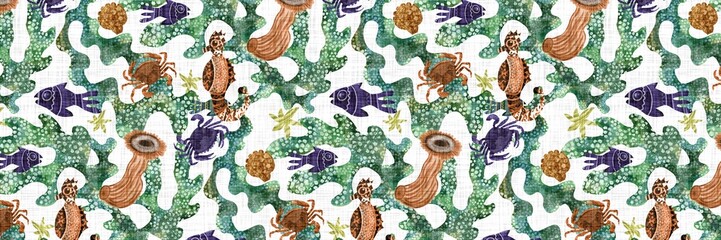 Obraz premium Colorful coastal seamless border with cute tropical fishes. Childish coral reef sealife fish banner. Playful summer beach edging fabric effect. Whimsical scandi fish riso endless trim. 