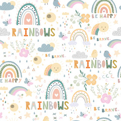 Nice baby neutral bohemian rainbows seamless pattern. Trend rainbows surface. Boho rainbows for baby shower invitations, cards, nursery room, posters, fabric.