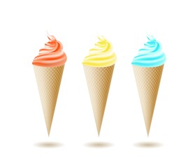 Three scented ice cream cones isolated on a white background in a 3D illustration.
