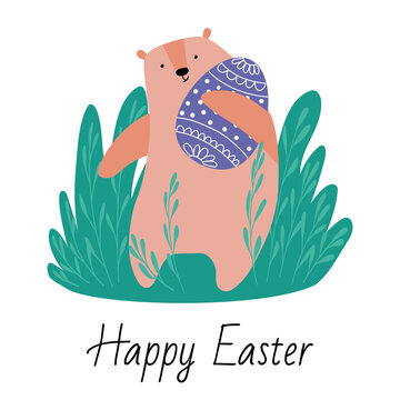 A happy bear carries a painted Easter egg. happy easter. Vector illustration for holiday poster, banner, greeting cards.