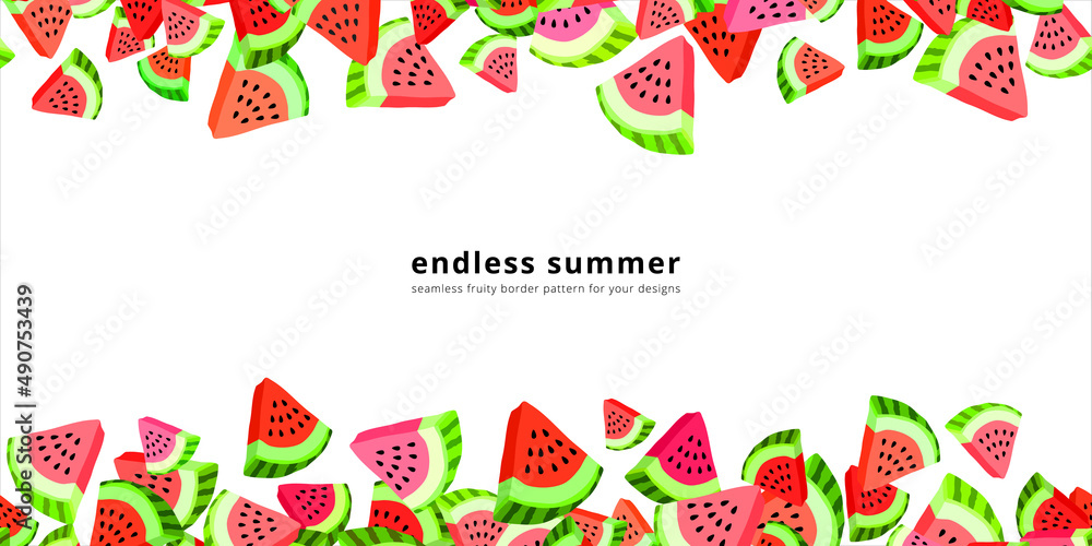 Poster vector seamless border pattern with watermelon slices. colorful hand-drawn repeatable horizontal bac