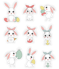 Cute easter bunny printable stickers. Vector illustration.