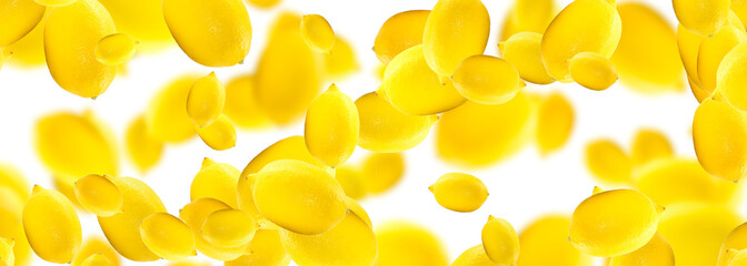selective focus. blur. Juicy ripe flying yellow lemons on white background. creative food concept. Tropical organic fruit, citrus, vitamin C. Lemon slices. Summer fruit background. pattern. 