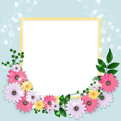 Cute Background with Frame and Flowers Collection Set. Illustration . Square Template for social networks and messengers.