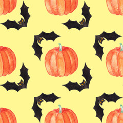 Watercolor pattern made of bats and squashes on halloween party, pattern for celebration cards and wrapping paper