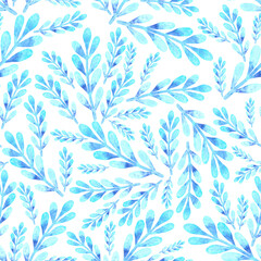 Fototapeta na wymiar Blue branches on a white background watercolor hand drawn pattern