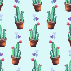 Watercolor hand drawn seamless pattern with cactuses in pots with tiny flowers snd hearts on mint color background. Painted element for design and print.