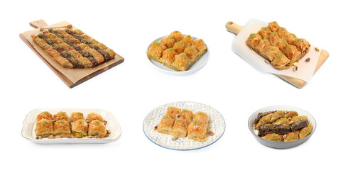 Set with tasty sweet baklava on white background. Banner design