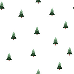 Randomly placed christmas green trees as seamless pattern on white background.New year, christmas and scandinavian ornament for web design and print