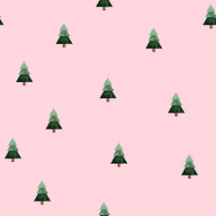 Aquarelle hand drawn seamless pattern made of green christmas trees on pink background. Web and print design