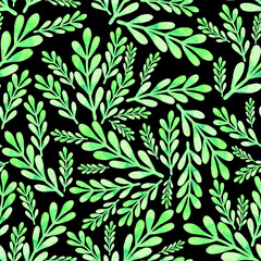 Green branches on a black background hand drawn watercolor pattern2