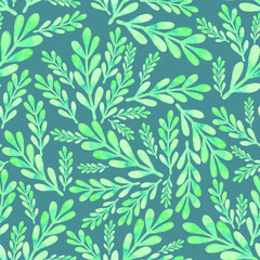 Green branches on a blue background hand drawn watercolor pattern