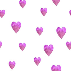 Watercolor hand drawn seamless pattern with random isolated pink hearts.Valentine's Day endless pattern.