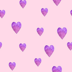 Watercolor hand drawn seamless pattern with random pink hearts.Valentine's Day endless pattern, print for wrapping paper, greeting cards for anniversary or wedding.