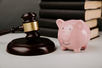 A concept of legal expenses. Piggy bank and gavel with books