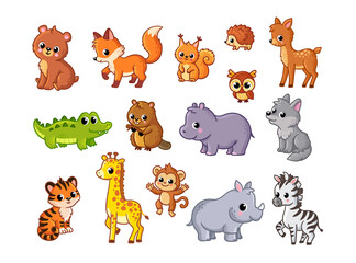 Vector big set with kids animals of Africa and forests. Collection of baby animals on a white background.
