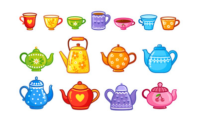 Beautiful cartoon wind set with kitchen utensils and teapots. Wind-blown collection of tea service.