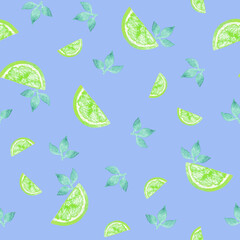 Fototapeta na wymiar Watecolor seamless pattern made of cute lemon slices in a violet background, wrapping paper and fabric pattern