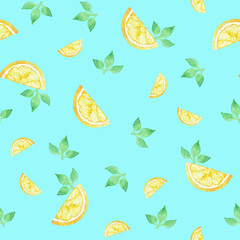 Watecolor seamless pattern made of cute lemon slices in a blue background, wrapping paper and fabric pattern