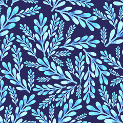 Fototapeta na wymiar Light blue branches on a dark purple background hand drawn watercolor pattern
