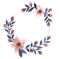 Watercolor round frame made of colorful hand painted orange flowers