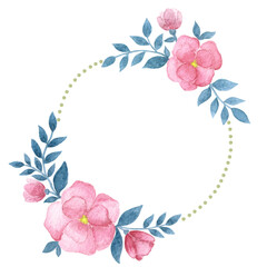 Watercolor round frame made of colorful hand painted orange roses