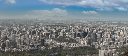 View of the skyline of the sprawling Metropolis of Santiago from the summit of the Cerro San...