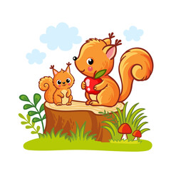 Obraz na płótnie Canvas Cute squirrels are sitting on a wooden stump on a white background. Vector illustration in cartoon style.