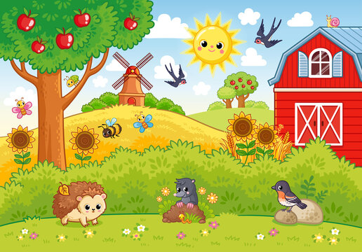 Vector illustration with summer village. Animals on a green meadow. Hedgehog and mole