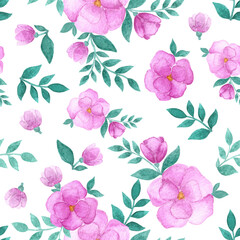 Watercolor hand drawn pink roses with green leaves on white background.Aquarelle floral backdrop as summer endless pattern for web design, printing cards, invitations, fabric and wrapping paper