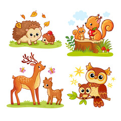 Set with forest animals and birds and their cubs. Vector collection of illustrations with animals in cartoon style.